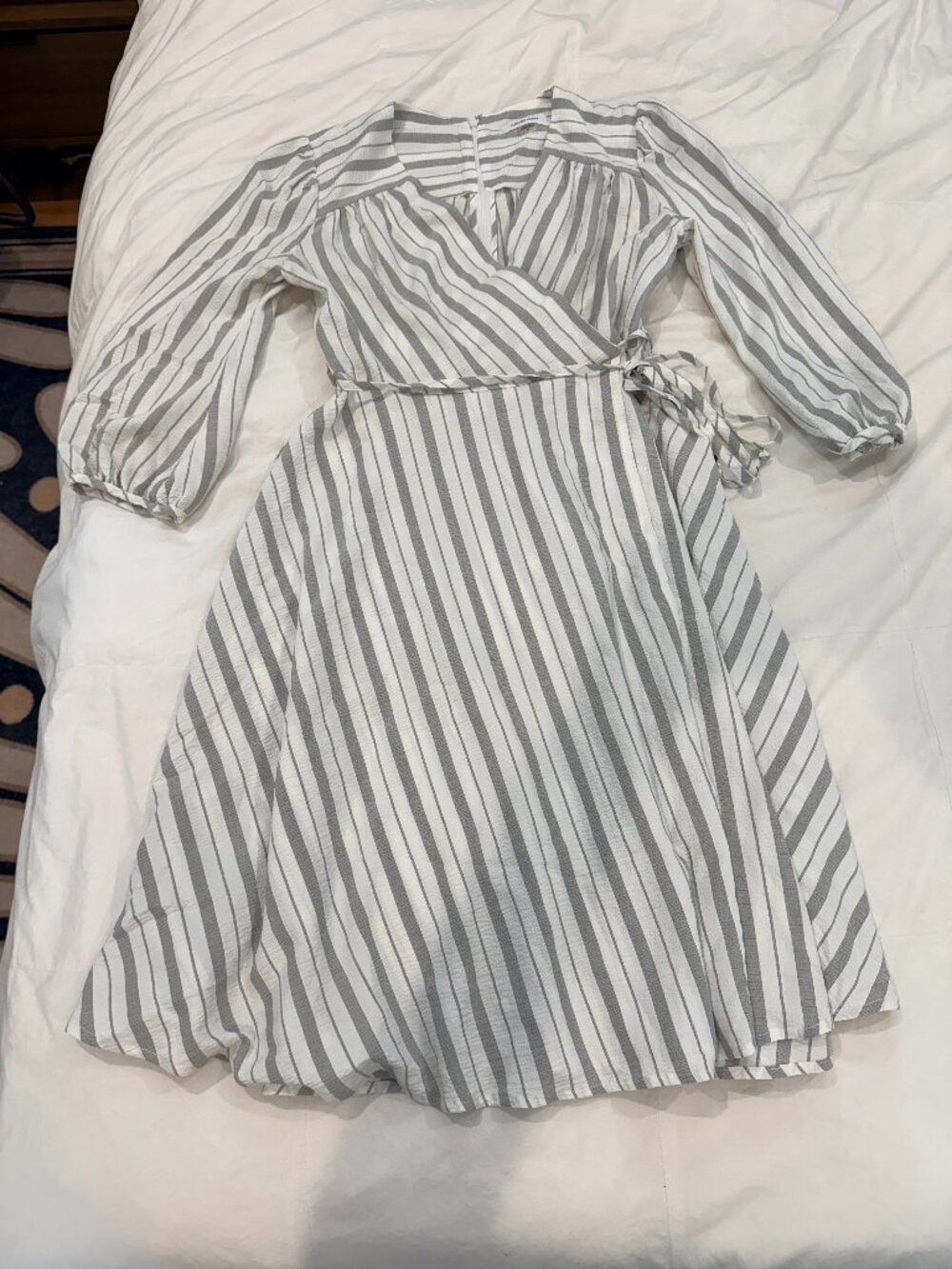 Calvin Klein Striped Wrap Midi Dress 6 Grey White